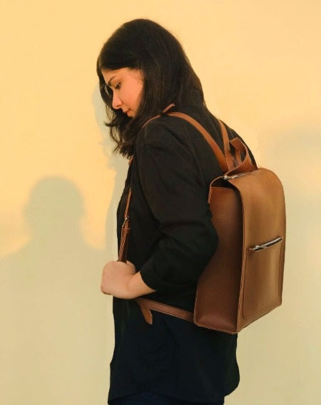 Yellow Leather Backpacks For women-Chic Zipper Closure Backpack 557-2 - Senora