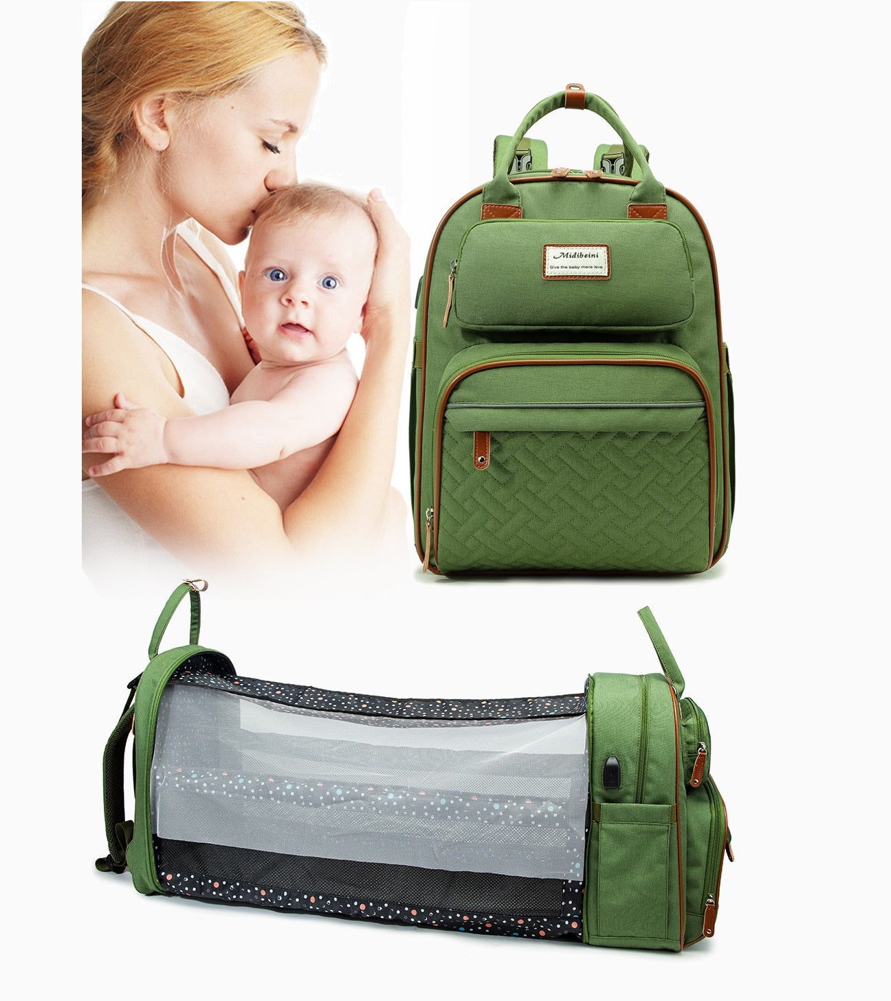 Black Baby Nappy Diaper Backpack, Foldable Stroller Bag USB Changing Bags Mosquito Net 4122 - Senora