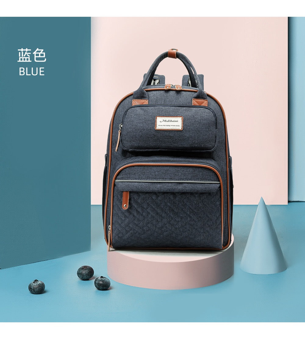 Blue Baby Nappy Diaper Backpack, Foldable Stroller Bag USB Changing Bags Mosquito Net 4122 - Senora