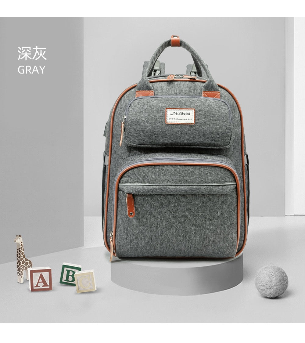 Grey Baby Nappy Diaper Backpack, Foldable Stroller Bag USB Changing Bags Mosquito Net 4122 - Senora