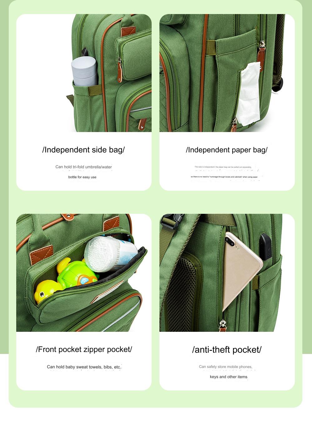 Grey Baby Nappy Diaper Backpack, Foldable Stroller Bag USB Changing Bags Mosquito Net 4122 - Senora