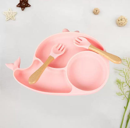 Silicone Baby Feeding Set BPA Free - 3 Pcs Fish Shape Plate with Spoon & Fork - Cutlery