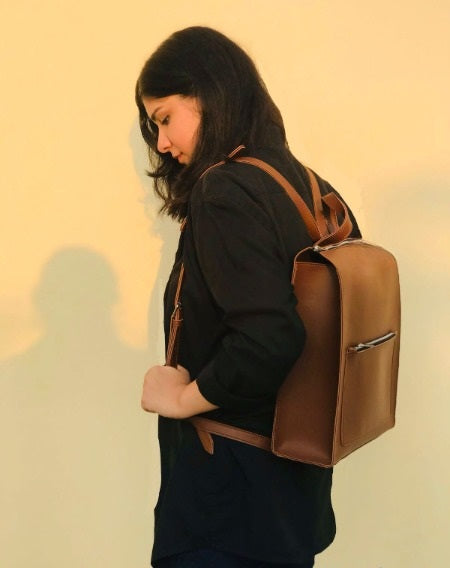 Brown valvet &  Leather Backpacks For women-Chic Zipper Closure Backpack 557-2 - Senora
