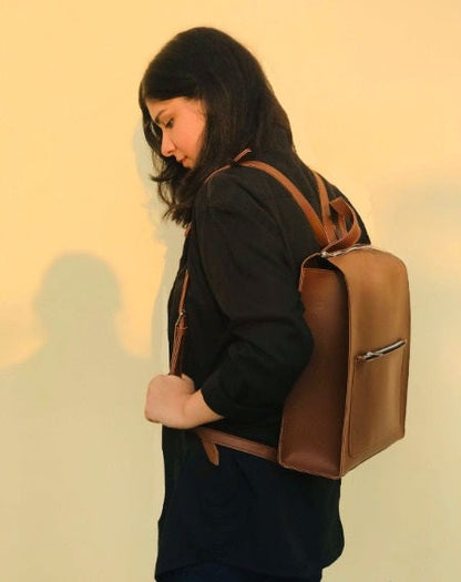 Brown valvet &  Leather Backpacks For women-Chic Zipper Closure Backpack 557-2 - Senora