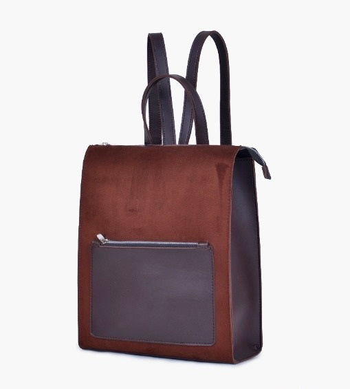 Brown valvet &  Leather Backpacks For women-Chic Zipper Closure Backpack 557-2 - Senora