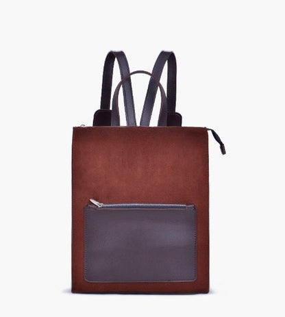 Brown valvet &  Leather Backpacks For women-Chic Zipper Closure Backpack 557-2 - Senora