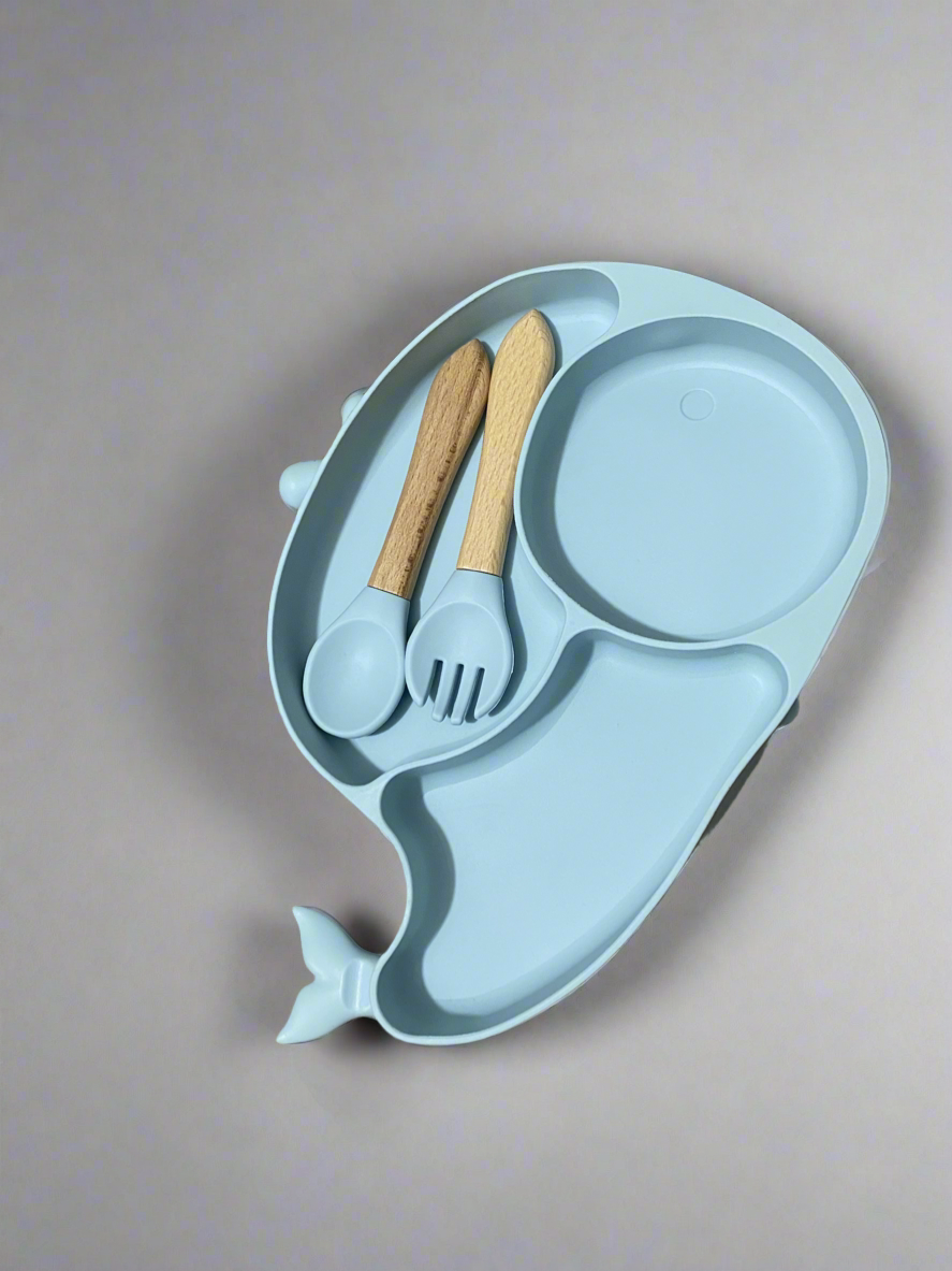 Silicone Baby Feeding Set BPA Free - 3 Pcs Fish Shape Plate with Spoon & Fork - Cutlery