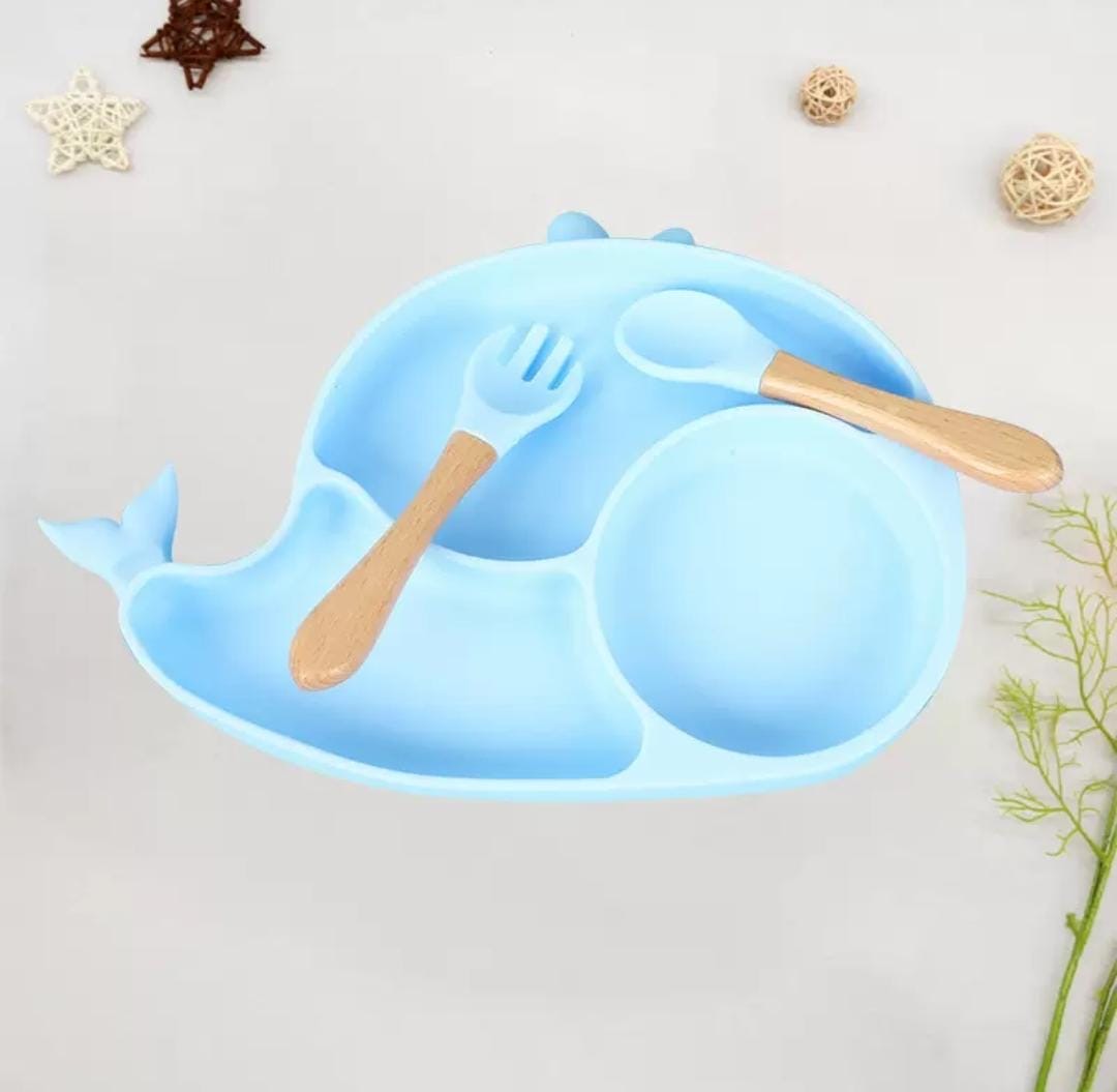 Silicone Baby Feeding Set BPA Free - 3 Pcs Fish Shape Plate with Spoon & Fork - Cutlery