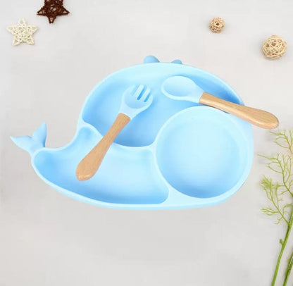 Silicone Baby Feeding Set BPA Free - 3 Pcs Fish Shape Plate with Spoon & Fork - Cutlery